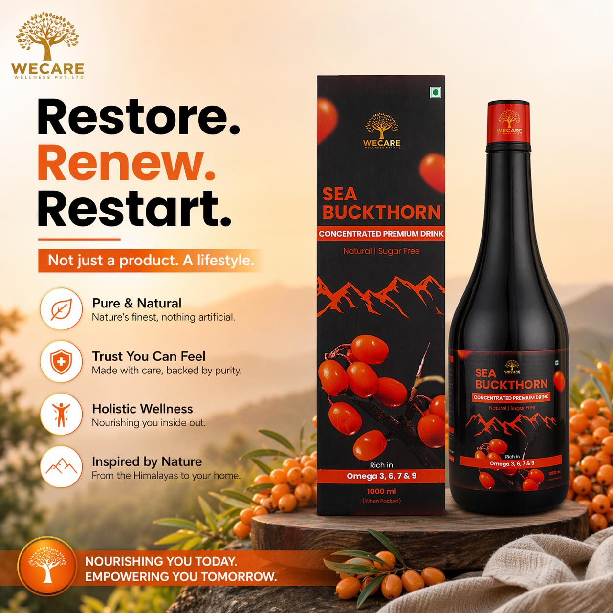 Sea Buckthorn Concentrated Premium Drink 1000ml | Rich in Omega 3 6 7 9 | Sugar Free Natural Health Drink | Immunity Booster | Skin & Hair Support