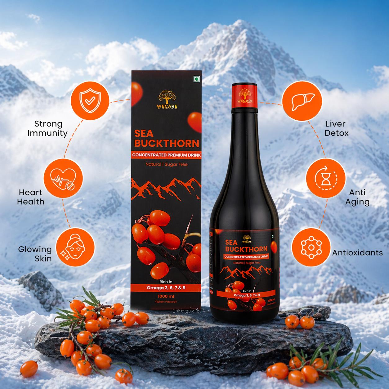 Sea Buckthorn Concentrated Premium Drink 1000ml | Rich in Omega 3 6 7 9 | Sugar Free Natural Health Drink | Immunity Booster | Skin & Hair Support