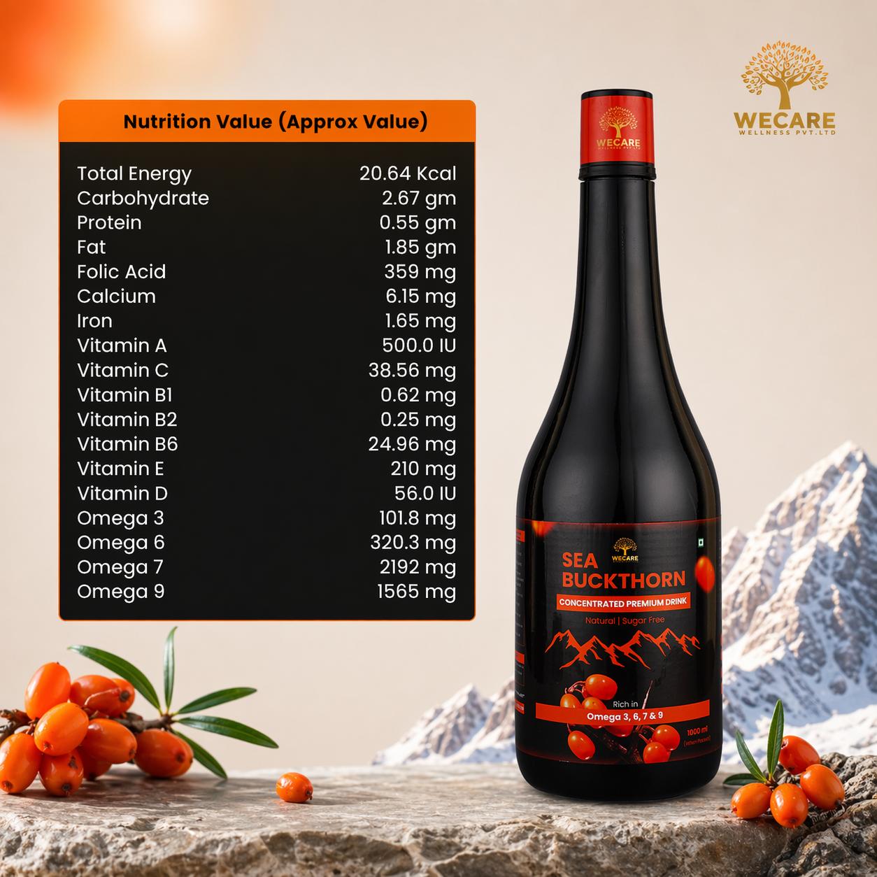 Sea Buckthorn Concentrated Premium Drink 1000ml | Rich in Omega 3 6 7 9 | Sugar Free Natural Health Drink | Immunity Booster | Skin & Hair Support