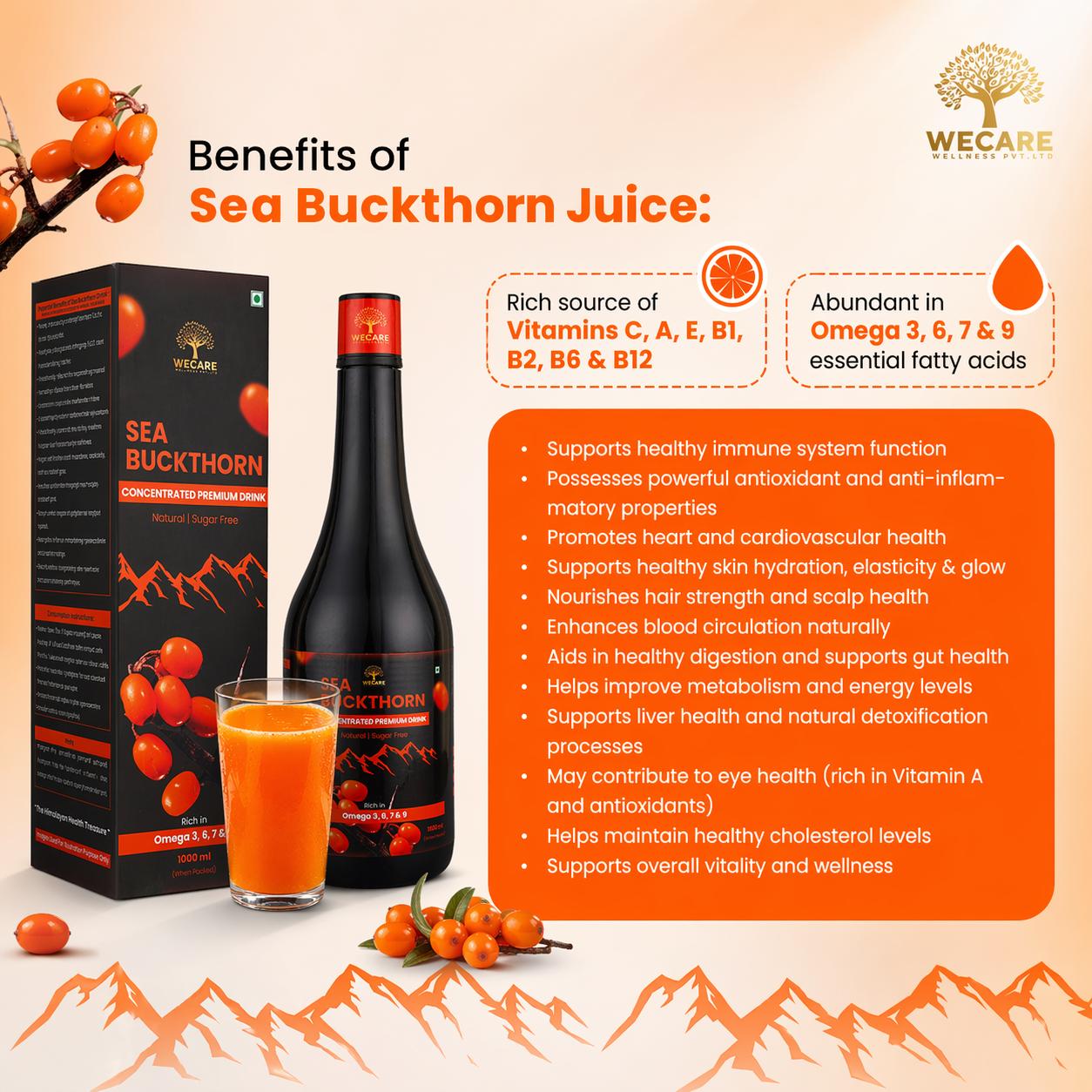 Sea Buckthorn Concentrated Premium Drink 1000ml | Rich in Omega 3 6 7 9 | Sugar Free Natural Health Drink | Immunity Booster | Skin & Hair Support