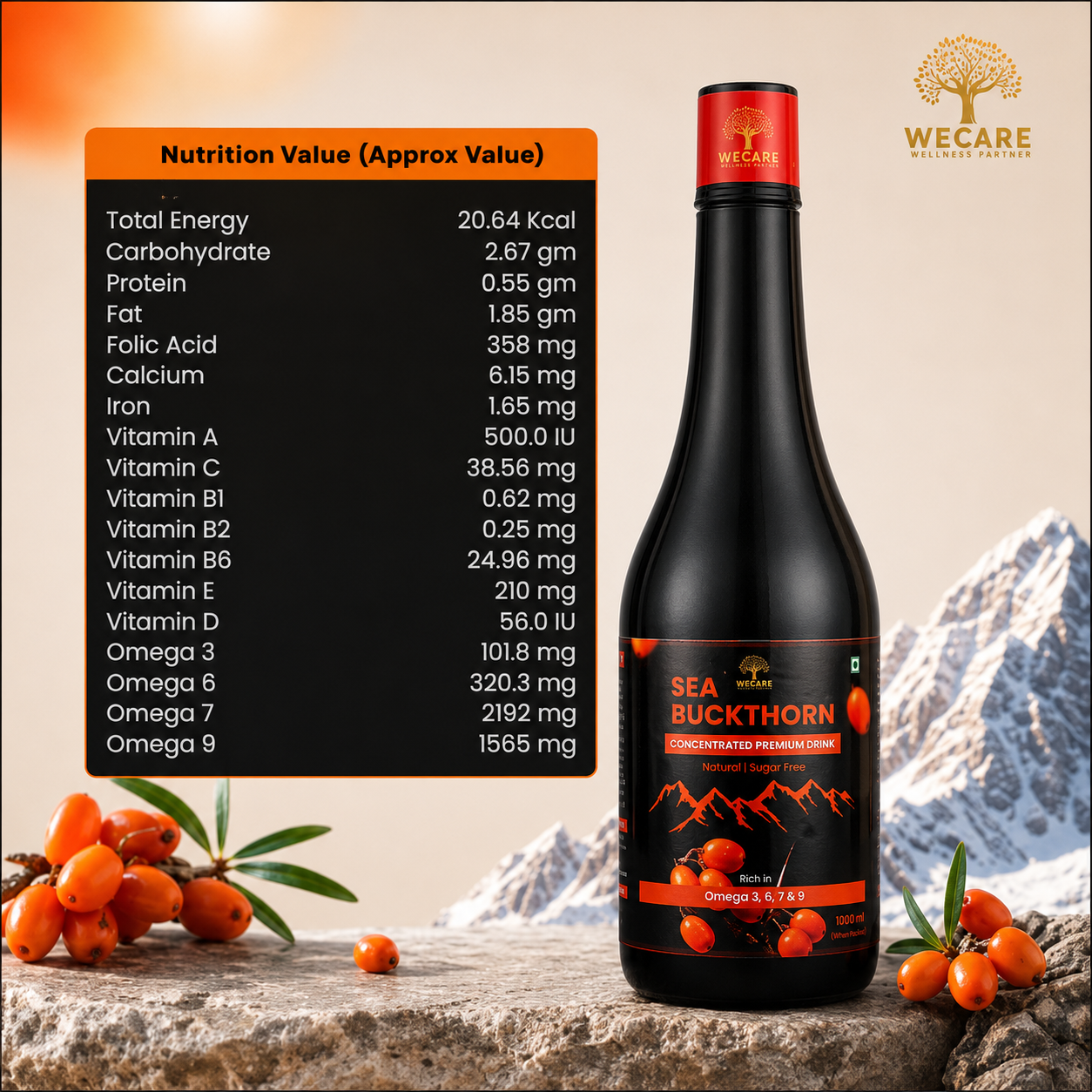 Sea Buckthorn Concentrated Premium Drink 1000ml | Rich in Omega 3 6 7 9 | Sugar Free Natural Health Drink | Immunity Booster | Skin & Hair Support